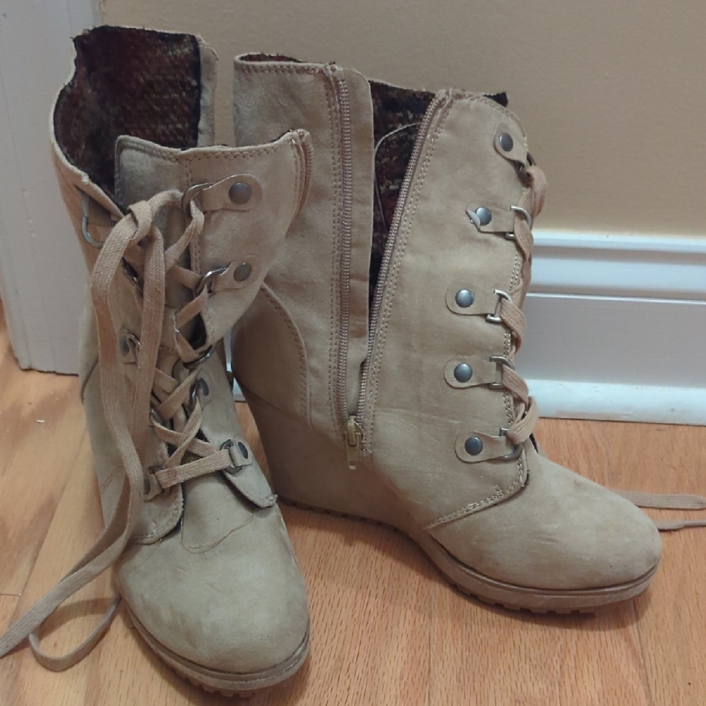 JustFab Tan Lace Up Wedge Boots